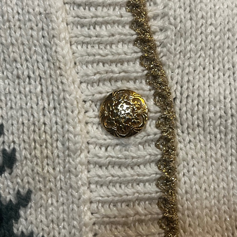 Christopher & Banks Christmas Tree Cardigan Sweater Womens L Cream Gold Beaded - Picture 6 of 10